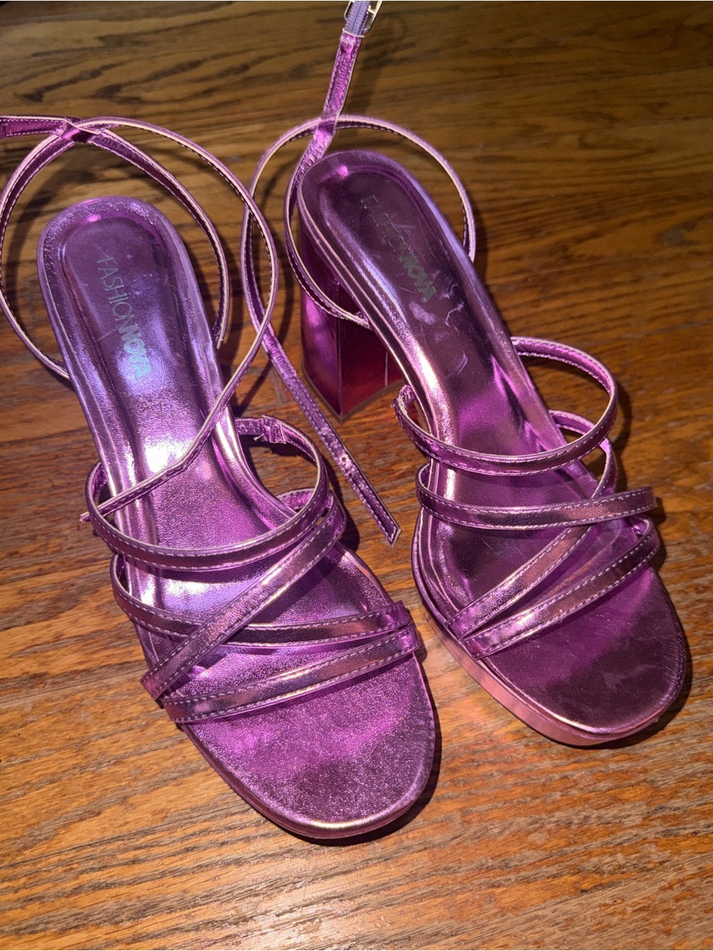 Fashion Nova Pink Purple Metallic Chunky Strappy Heel Shoes Platform Sabrina